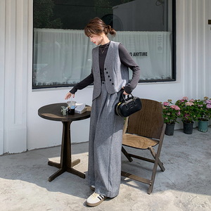 设计感灰色西装马甲套装女2025春季新款轻熟风打底衫阔腿裤三件套图片