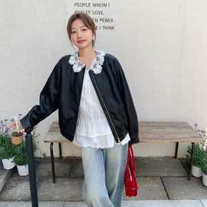 韩系机车黑色蕾丝又a又飒皮衣夹克女春PU超好看短款小个子外套潮图片
