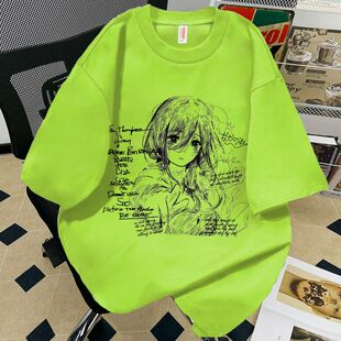 纯棉日系手绘漫画风印花短袖夏季男女ins情侣款荧光绿重磅T恤上衣