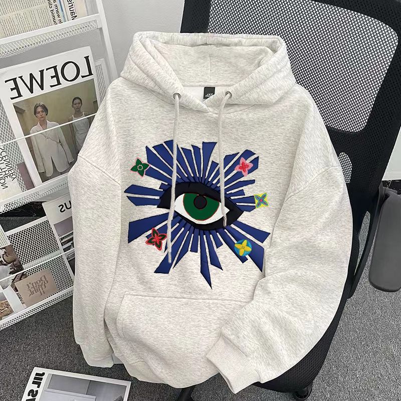 花灰色美式复古男女印花连帽卫衣秋冬季加绒加厚痞帅宽松情侣帽衫