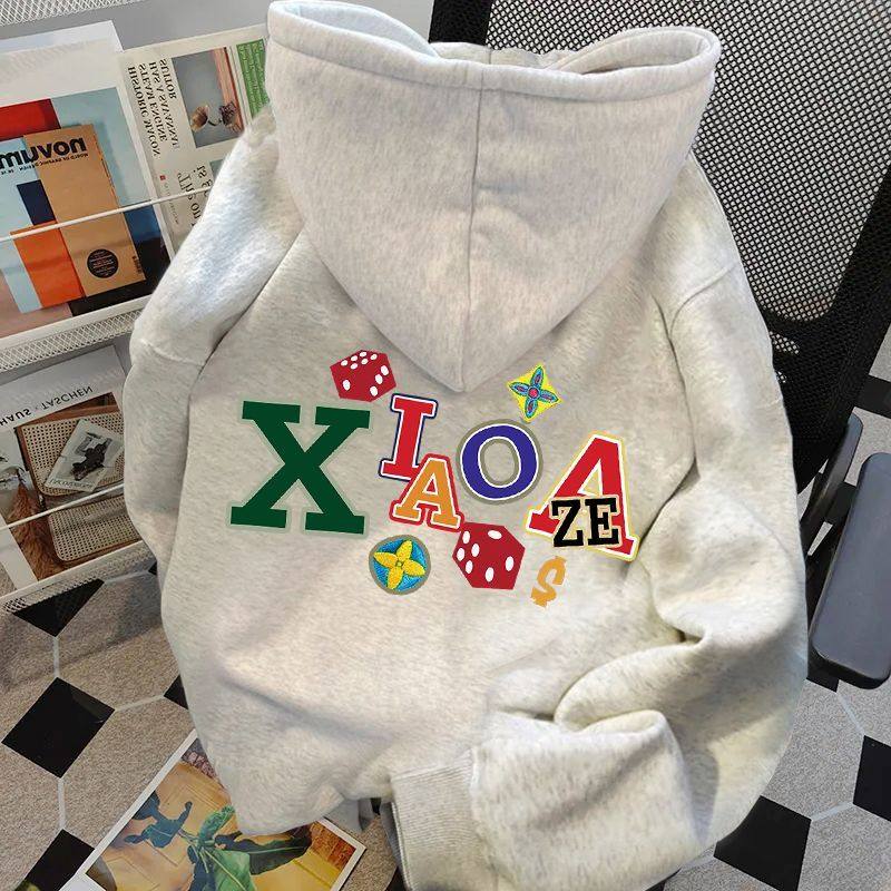 花灰色韩版ins欧美高街加绒连帽卫衣情侣款百搭秋冬男女加厚帽衫