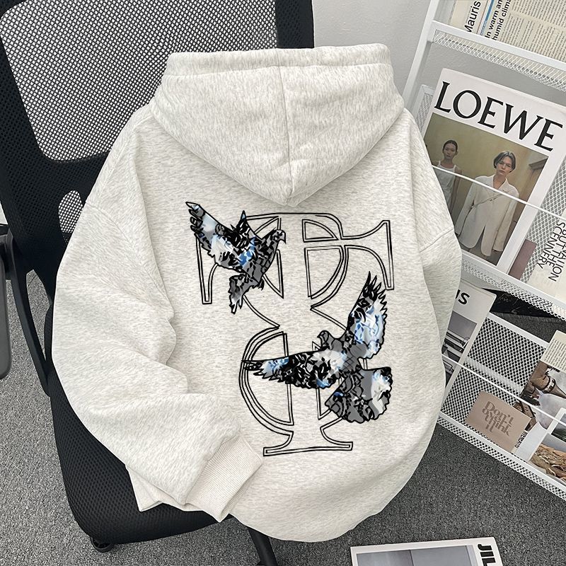 花灰色秋冬国潮新中式印花加绒连帽卫衣情侣时尚百搭男女加厚帽衫