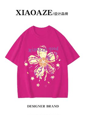 玫红色纯棉短袖T恤新款男女情侣韩版花朵印花夏季学生百搭上衣潮