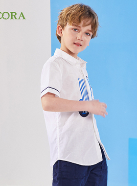 巴柯拉专柜同款男大童短袖衬衫白色棉麻卡通时尚上衣休闲衬衣潮