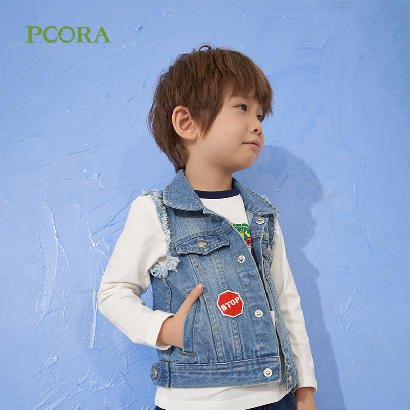 巴柯拉童装男童外套春秋儿童牛仔褂洋气潮流无袖洗水宝宝夹克