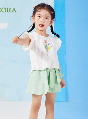 巴柯拉专柜同款白色女小童荷叶袖纯棉圆领上衣短袖套头夏季棉T恤