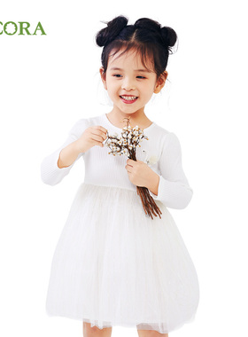 巴柯拉童装女小童连衣裙春秋装长袖儿童韩系宝宝洋气潮流白色裙子