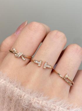 18k金玫瑰金双T戒指钉子戒绳结扣au750戒指新年自带送礼水贝