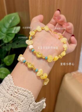 足金999拉丝点钻如意黄金手串小胖心鹅黄色蜜蜡心形手链生日礼物