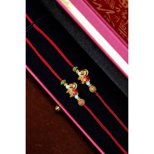 新年礼物足金999点钻黄金如意金马全套足金红绳手串水贝