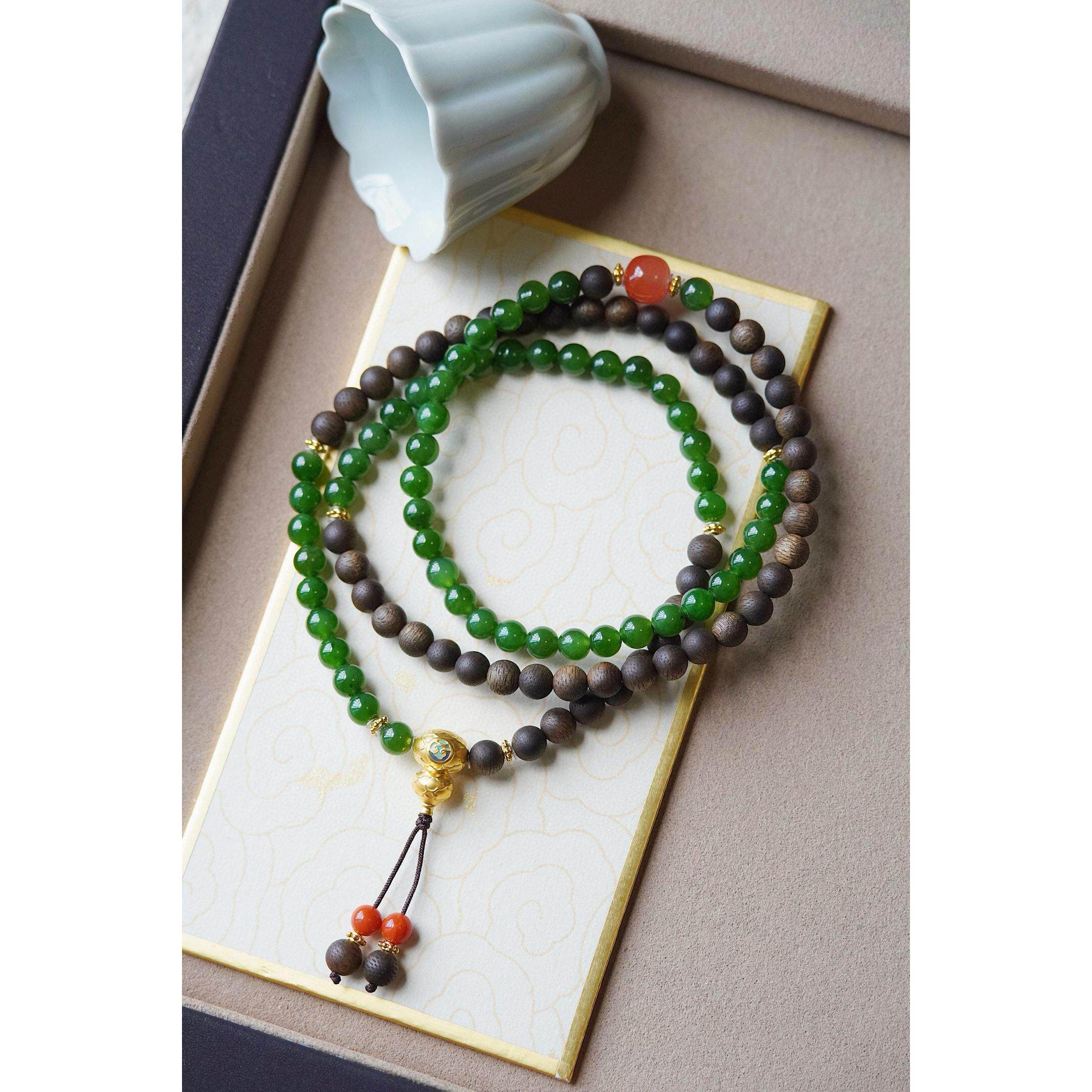 足金999三通天然沉香碧玉108项链/手串水贝珠宝黄金自带高大上