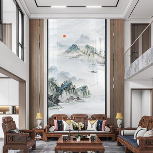 高定佛山 岩板背景墙电光沙发玄关新中式 2025别墅新款 挑高客厅复式