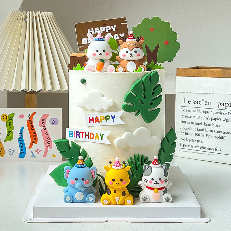 森林蛋糕装饰热带小动物梅花鹿长颈鹿大象猫咪小兔子烘焙摆件插件