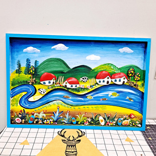 石头拼接画diy河边风景卡通手绘手工制作装饰品自己做儿童材料包