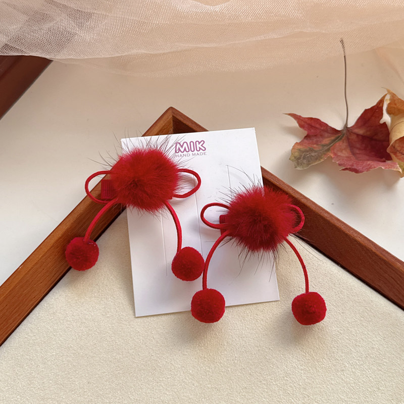 秋冬深红水貂毛球宝宝发夹女童对夹不伤发全包布手工发饰过年头饰