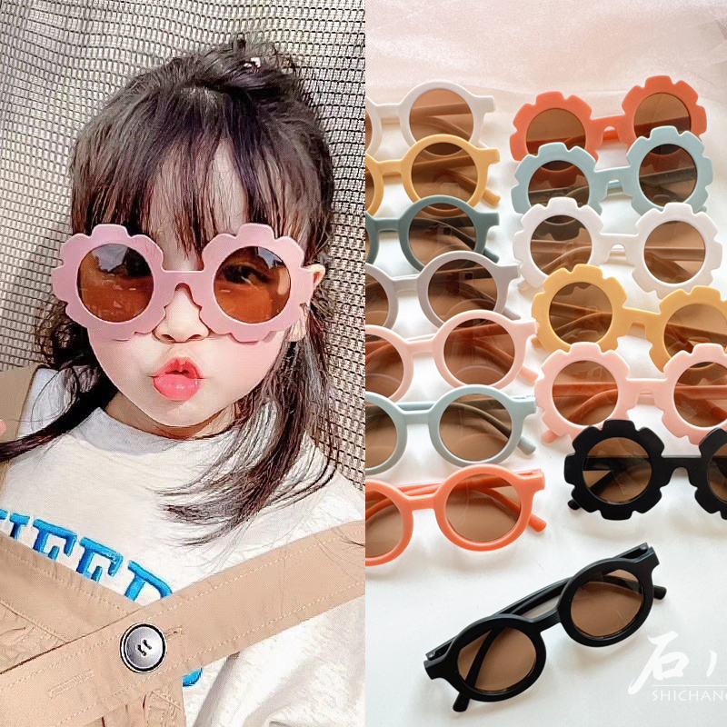 儿童太阳镜花朵茶色女孩夏季防紫外线眼镜男孩凹造型墨镜时尚宝宝