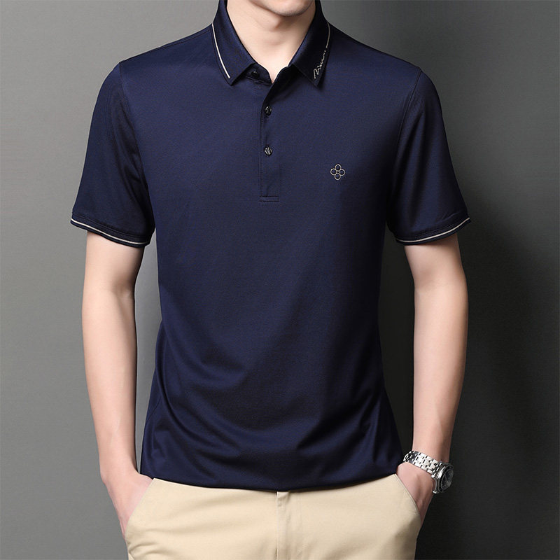 桑蚕丝短袖T恤男绣标翻领夏季中年男士宽松爸爸夏装YT1AK03-P125,男装T恤,电商B212（原钱塘6029）