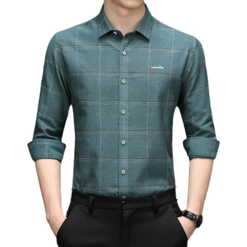 秋季新款修身格子长袖衬衫男休闲中青年刺绣衬衣潮ZELD99006-P105,男装衬衫,电商B212（原钱塘6029）