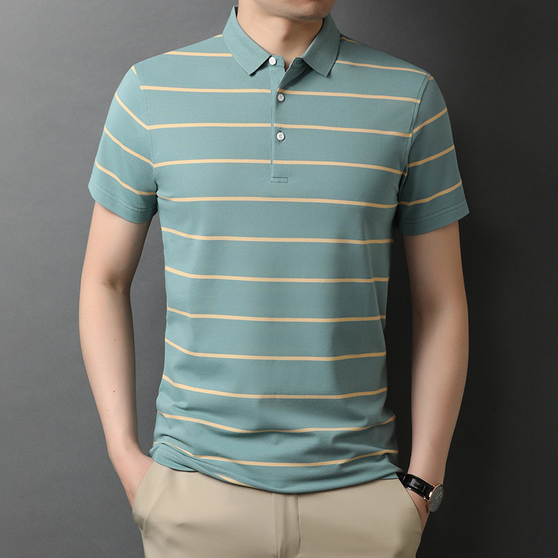 短袖t恤男翻领polo衫条纹T恤中年商务薄款衣服爸爸装QLM88109-P75,男装T恤,电商B212（原钱塘6029）