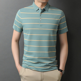 短袖t恤男翻领polo衫条纹T恤中年商务薄款衣服爸爸装QLM88109-P75，男装T恤，电商B212（原钱塘6029）