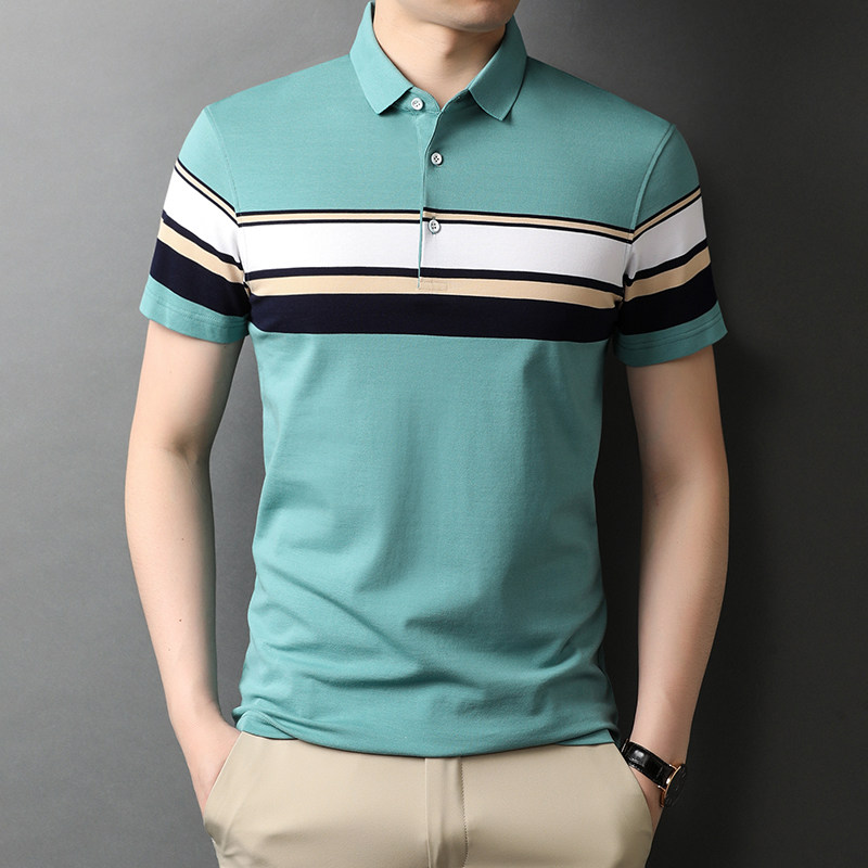 中青年爸爸夏装短袖纹t恤纯棉商务休闲男士衣服夏季QLM88105-P75图片