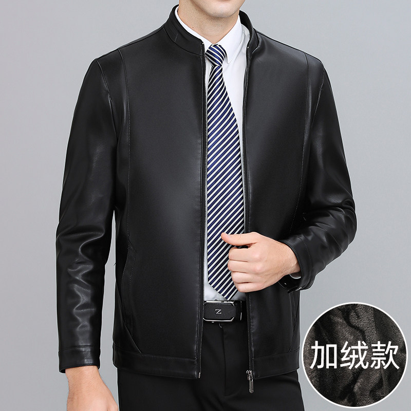 男士百搭皮衣外套男加绒款中年休闲立领皮夹克爸爸男装S995-P150,男装皮衣,电商B212（原钱塘6029）