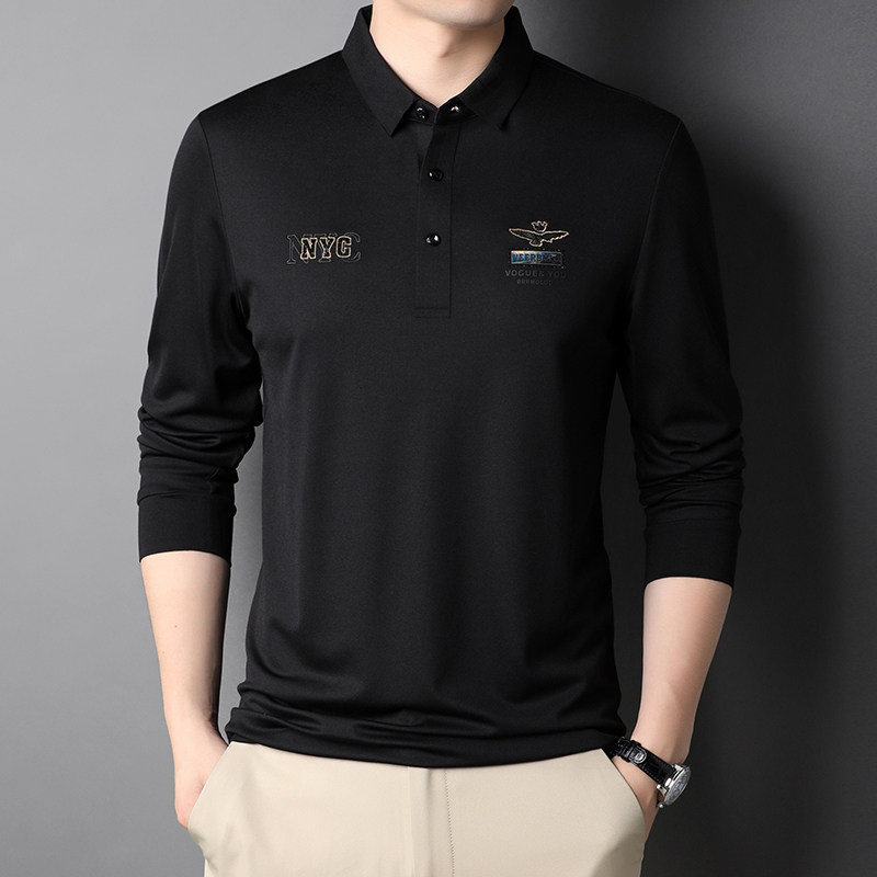 21秋季新款POLO衫中年男士修身纯色刺绣徽章长袖t恤QLM77257-P105图片