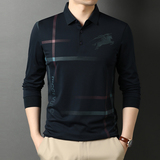 秋长袖T恤男翻领条纹打底衫中年男士休闲宽松POLO衫QLM55171-P70，男装T恤，电商B212（原钱塘6029）