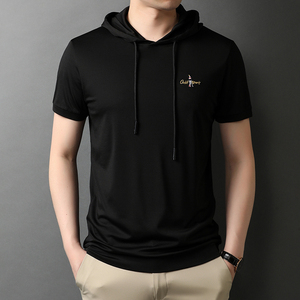 夏季连帽短袖卫衣t恤男潮牌宽松半袖男中青年卫衣QLM88150-P80,黑色白点半身长裙怎么搭配短袖图片