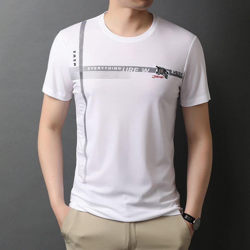 轻奢T恤男秋季印花短袖经典圆领纯色运动休闲男t恤QLM88227-P65,男装T恤,电商B212（原钱塘6029）