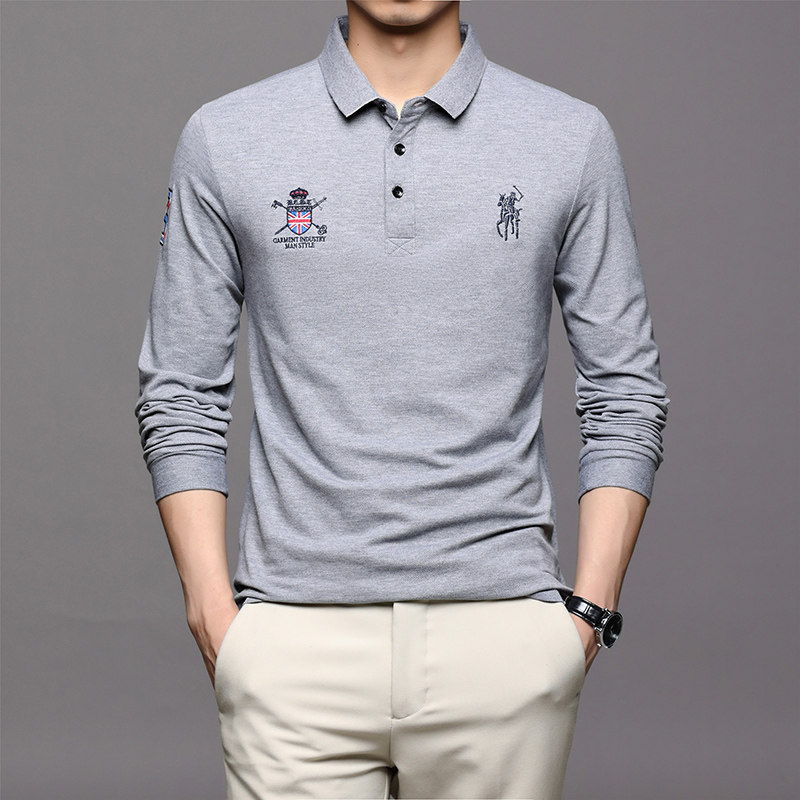 2021秋季新款POLO衫男纯棉宽松纯色百搭刺绣长袖t恤男LJ8237-P70图片