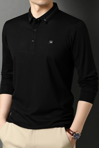长袖T恤男绣标翻领POLO衫中年男士商务休闲纯色打底衫D8211-P80图片