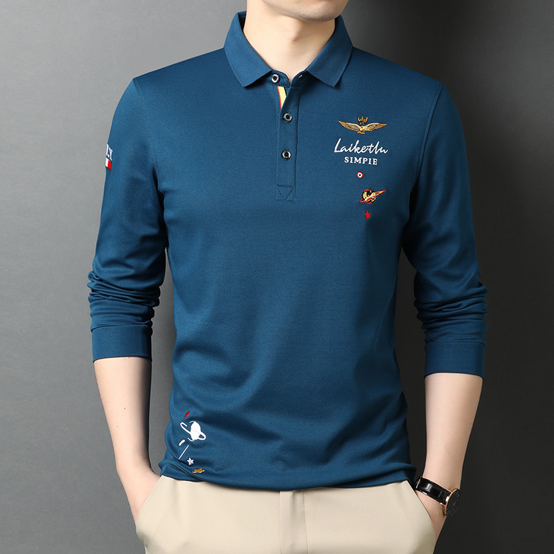 男士2021秋季新款长袖休闲t恤中青年polo衫翻领体恤QLM55154-P80,男装Polo衫,电商B212（原钱塘6029）
