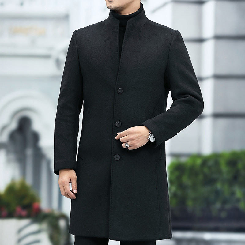羊毛大衣男中长款双面呢男士休闲单排扣立领毛呢外套L2156-P430,男装毛呢大衣,电商B212（原钱塘6029）