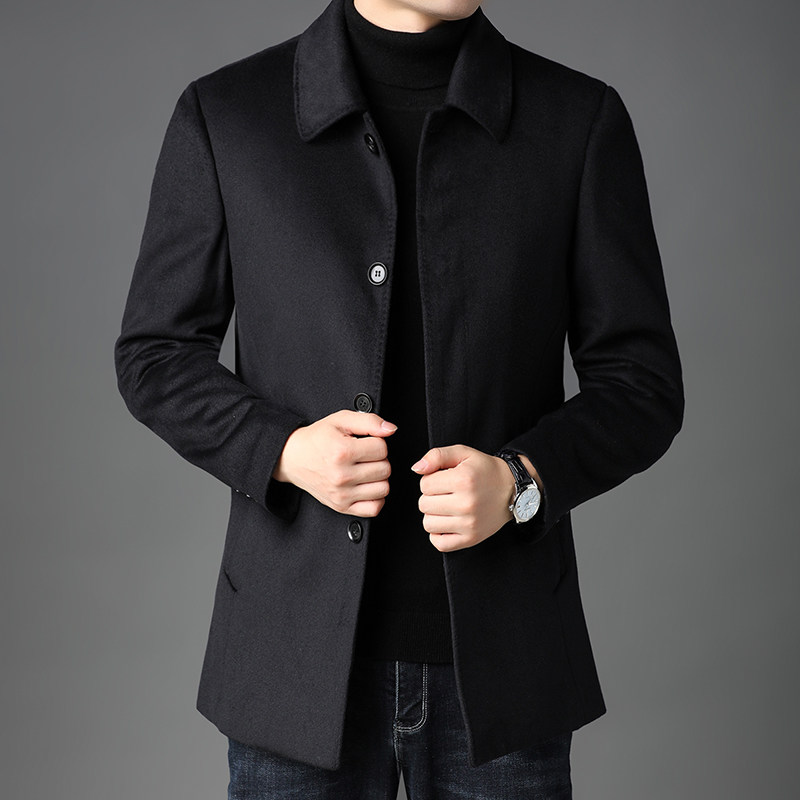 羊毛呢子大衣男翻领上衣中年男士休闲纯色单排扣外套H8819-P290，男装毛呢大衣，电商B212（原钱塘6029）