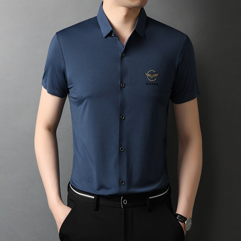 男士寸衫冰丝弹力丝滑免烫品质宽松纯色短袖衬衫男QLM88251-P85,男装衬衫,电商B212（原钱塘6029）