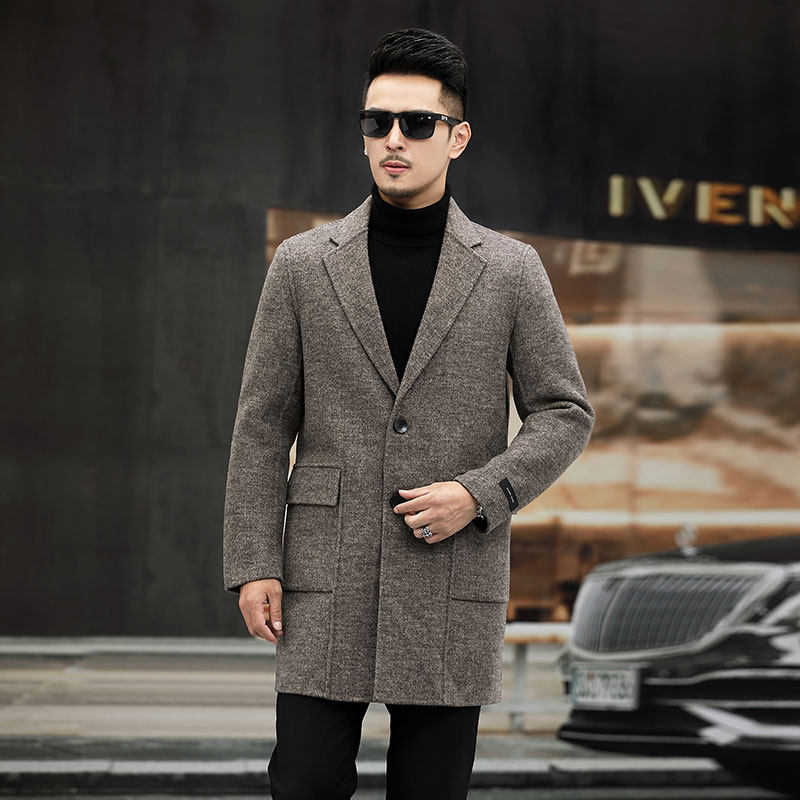 秋冬纯色商务休闲外套双面呢修身羊毛大衣男中长款KCN965-1-P360，男装毛呢大衣，电商B212（原钱塘6029）