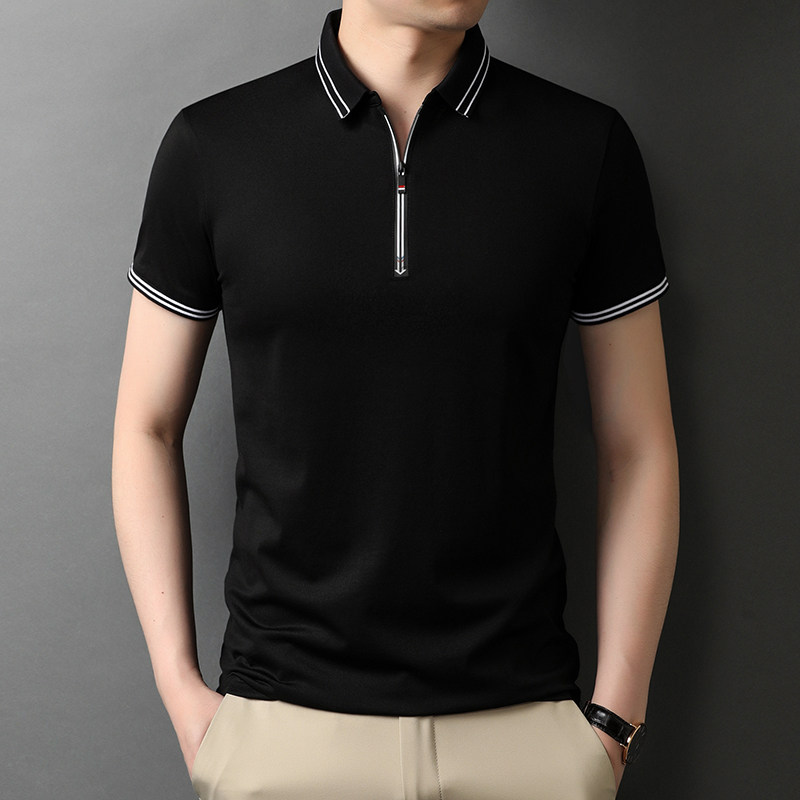 2021男士潮流拉链装饰短袖T恤翻领潮牌半袖宽松体恤QLM88179-P70图片