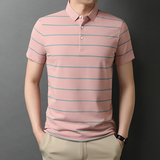 短袖t恤男翻领polo衫条纹T恤中年商务薄款衣服爸爸装QLM88109-P75，男装T恤，电商B212（原钱塘6029）