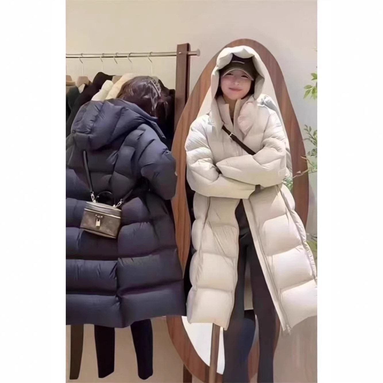 新品奶昔长款高端设计感女泡芙中长款年连帽羽绒服白鸭绒加厚外套
