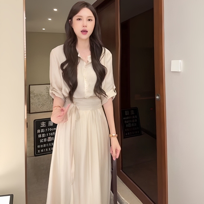 禅意茶歇风2025夏新款简约衬衫半身裙两件套女巨好看的连衣裙套装