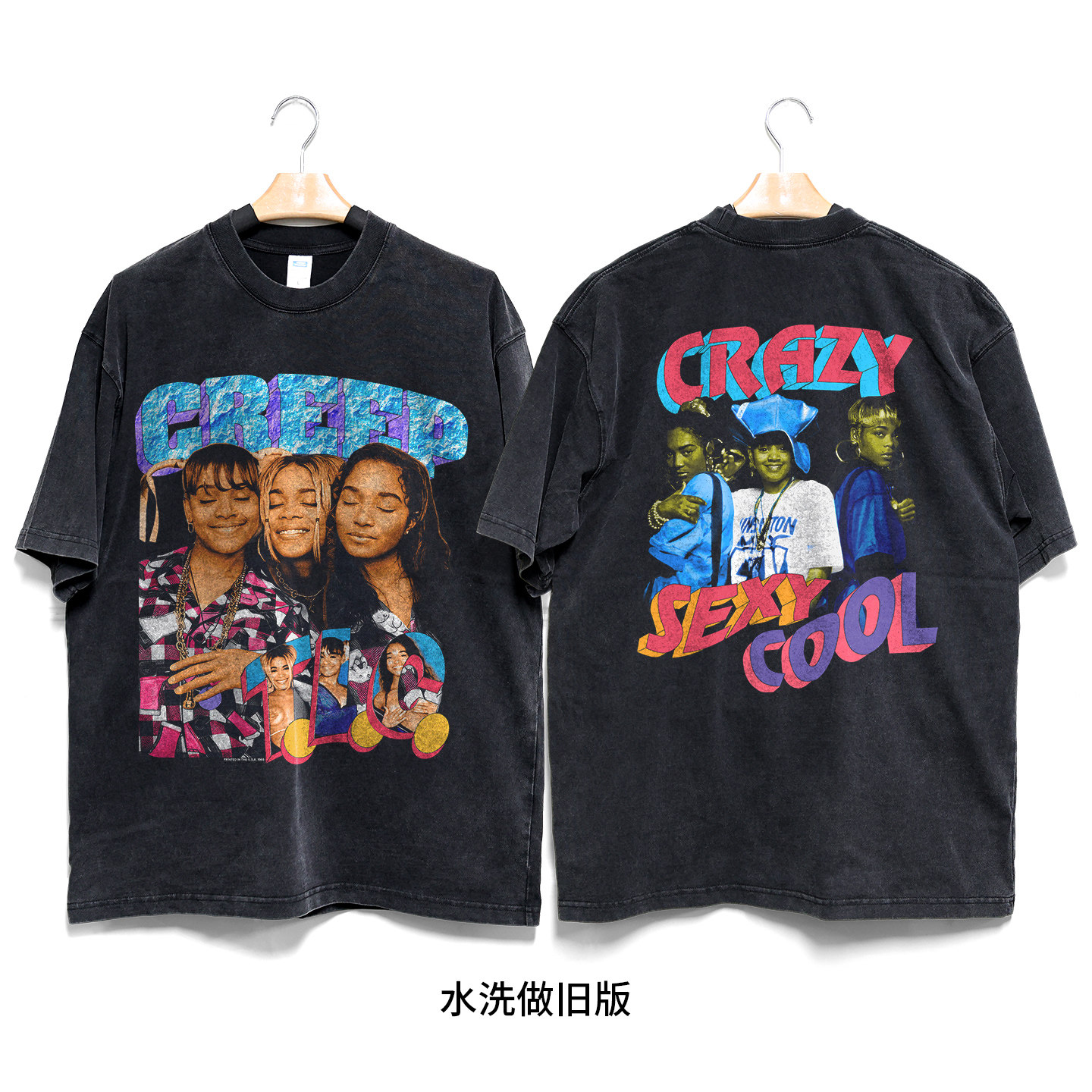 TLC CREEP CRAZY SEXY COOL 说唱vintage美式复古做旧短袖宽松T恤_虎窝淘