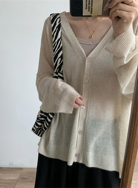 夏季新款透气薄款亚麻V领长袖针织开衫女宽松防晒针织CHI空调衫潮