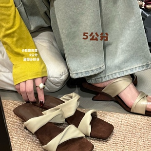 冰丝汗脚穿的！夏季新款扭结带方头坡跟凉拖女复古温柔风外穿百搭