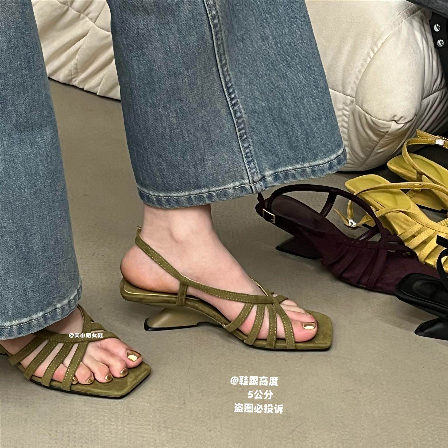 2026新款复古方头细带后绊带异形跟凉鞋女夏季高跟外穿气质罗马鞋