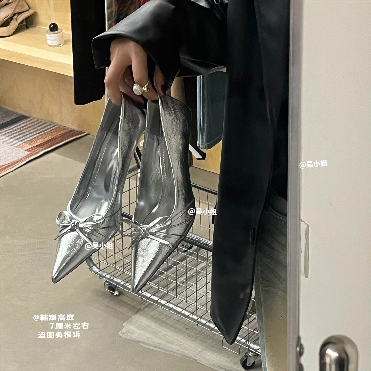 银色高跟鞋！2026春季新款蝴蝶结浅口尖头高跟鞋时尚百搭显瘦单鞋