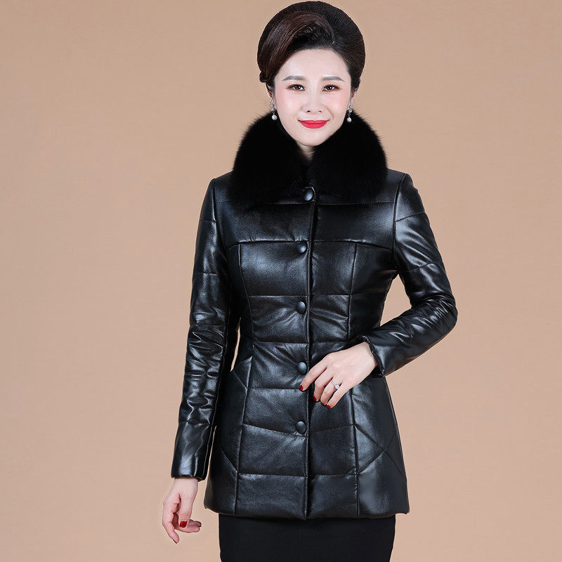 2025新款真皮羽绒服女短款大码妈妈装皮衣外套加绒加厚毛领皮棉衣