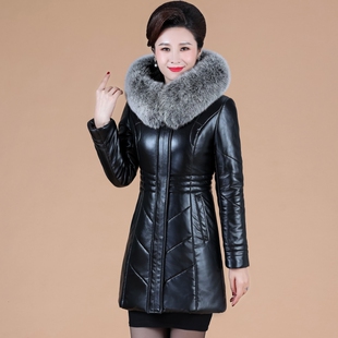真皮羽绒服女中长款中老年女士皮衣加肥加大码妈妈装冬装毛领外套
