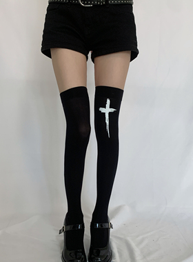jk长筒过膝袜女暗黑朋克万圣节十字架黑色丝袜辣妹亚文化大腿袜子