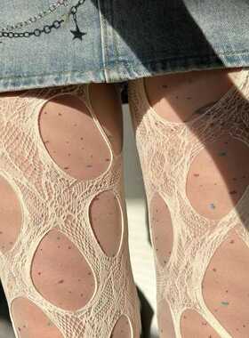 渔网袜女性感辣妹白色丝袜朋克风y2k破洞打底连裤袜子jk黑色纯欲